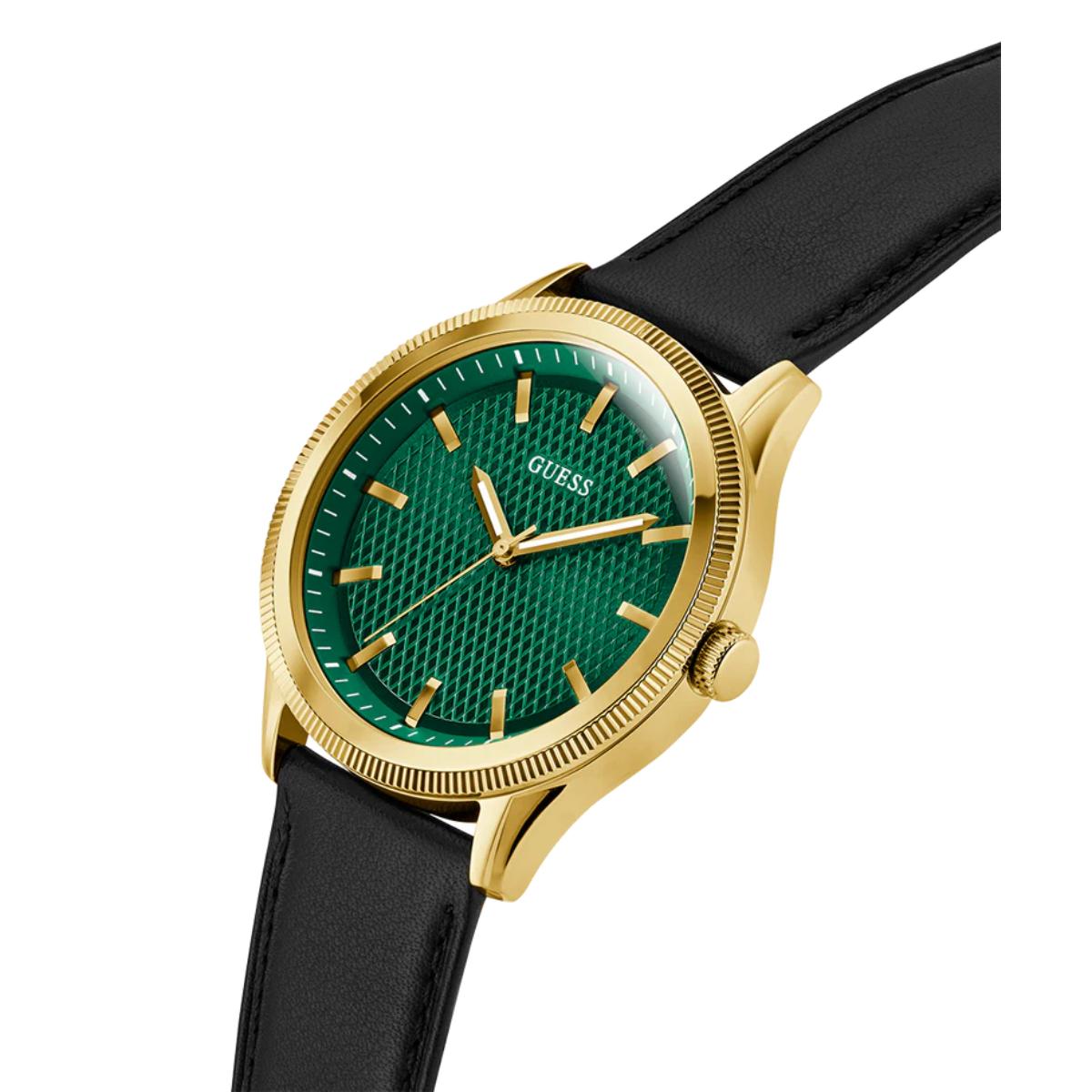 Watch with green face, gold bezel, and black strap on white background
