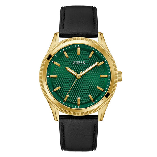 Watch with green dial, gold case, and black leather strap on a white background