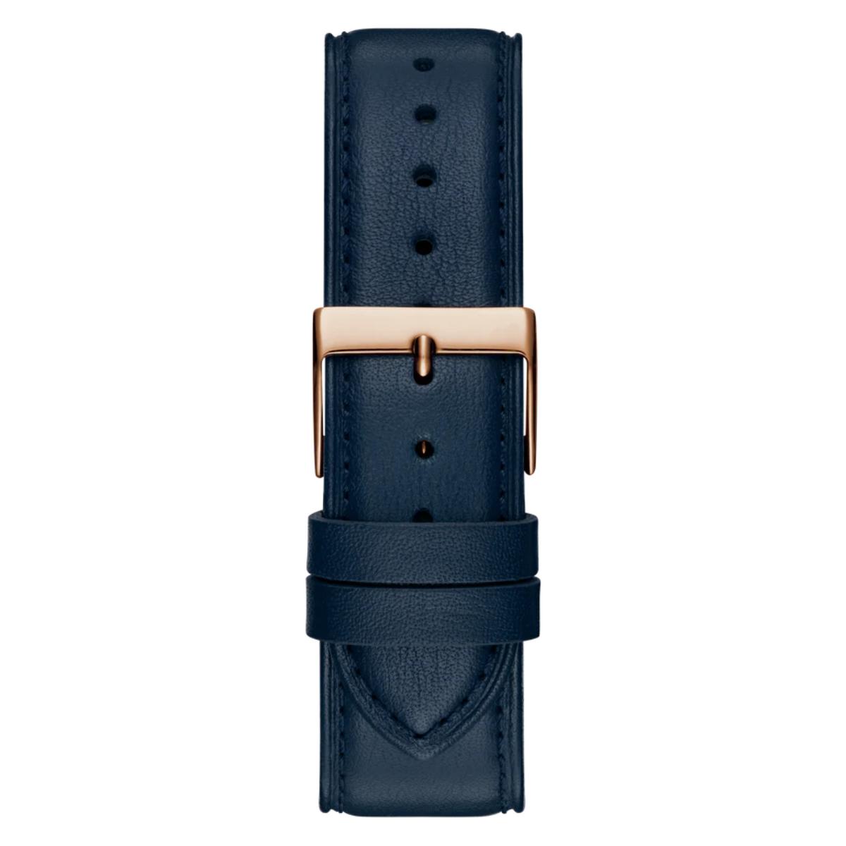 Navy blue leather watch strap with a rose gold buckle on a white background