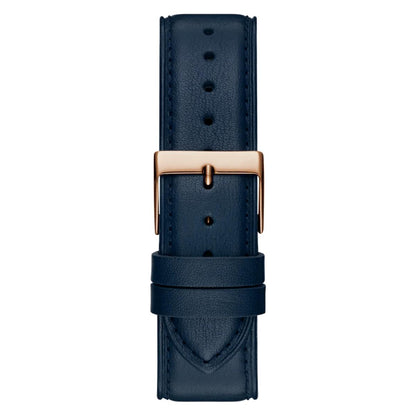 Navy blue leather watch strap with a rose gold buckle on a white background