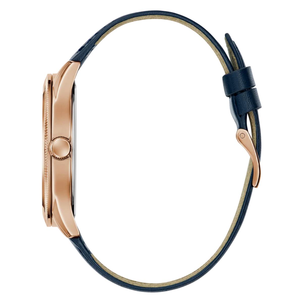 Watch with rose gold case and navy blue strap on a white background