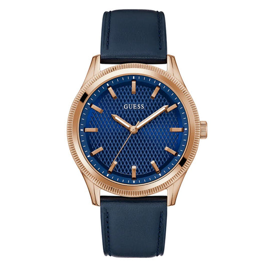 Watch with blue strap and rose gold case on white background