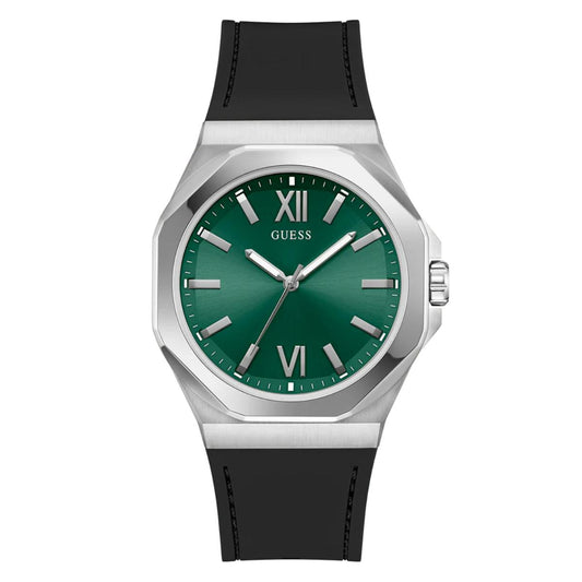 Watch with green dial and black strap on a white background
