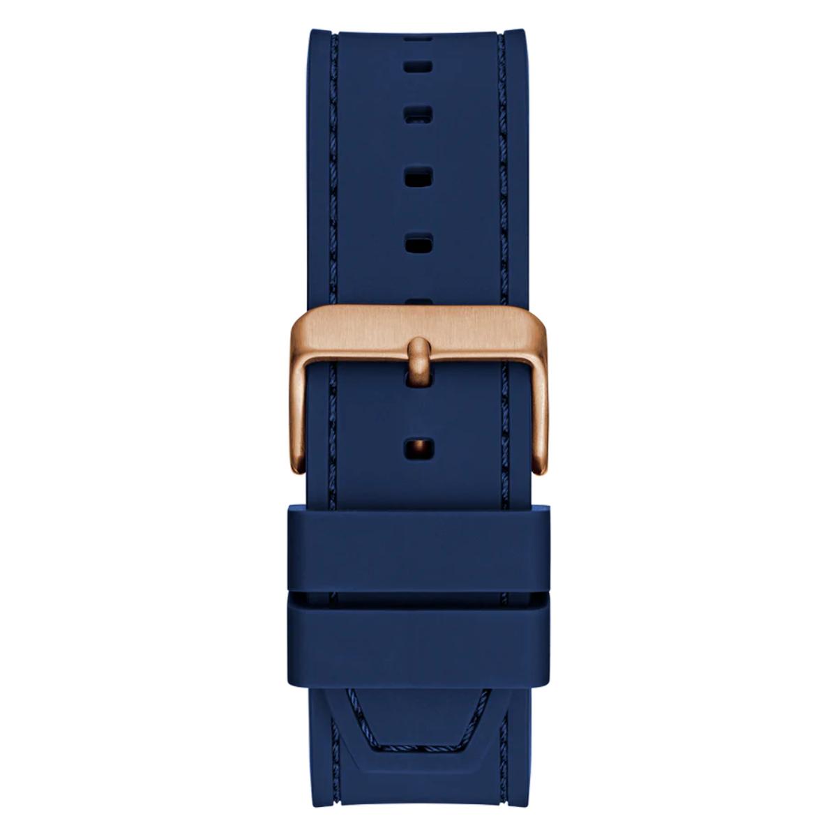 Navy blue watch strap with a rose gold buckle on a white background