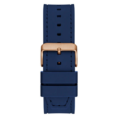 Navy blue watch strap with a rose gold buckle on a white background