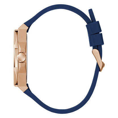 Wristwatch with blue strap and rose gold case on a white background