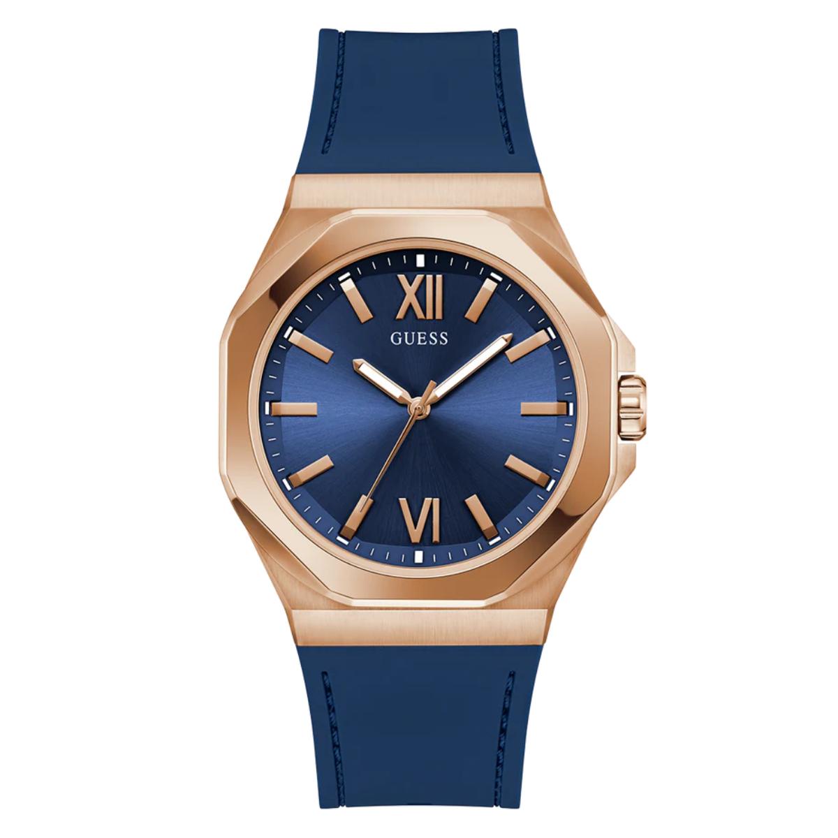 Guess watch with blue strap and rose gold case on white background