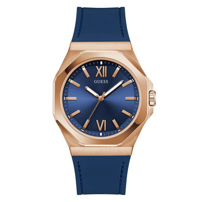 Guess watch with blue strap and rose gold case on white background