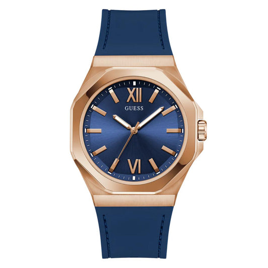 Guess watch with blue strap and rose gold case on white background