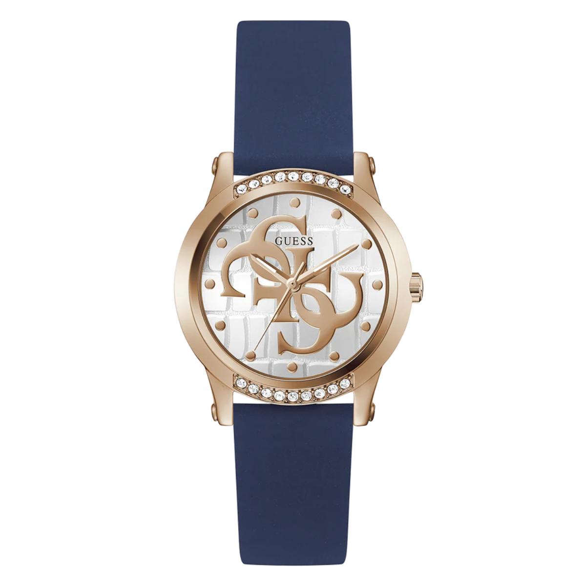 Guess watch with blue strap and rose gold case on white background