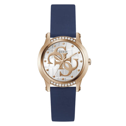 Guess watch with blue strap and rose gold case on white background