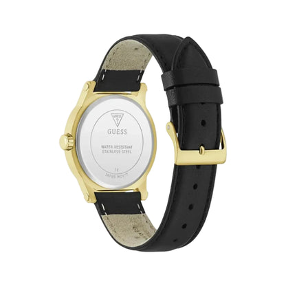 Black watch with gold case and black leather strap on a white background