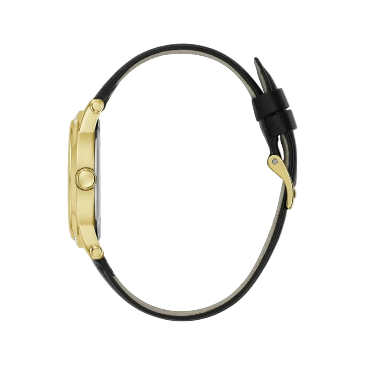 Watch with black strap and gold case on a light gray background