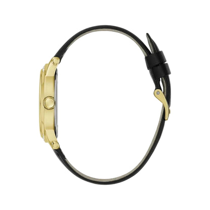 Watch with black strap and gold case on a light gray background
