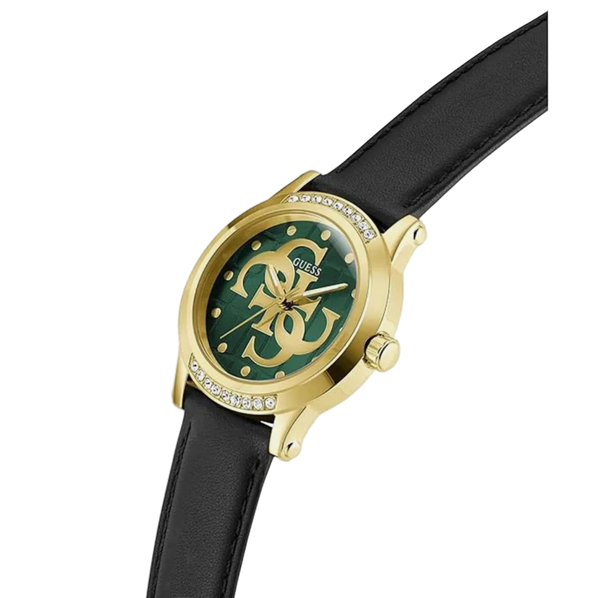 Gold watch with green face and black strap on a white background