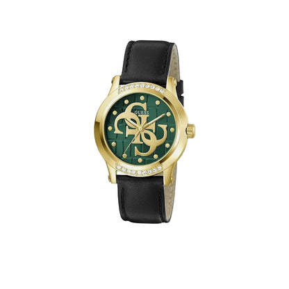 Watch with gold case, green face, and black strap on a white background