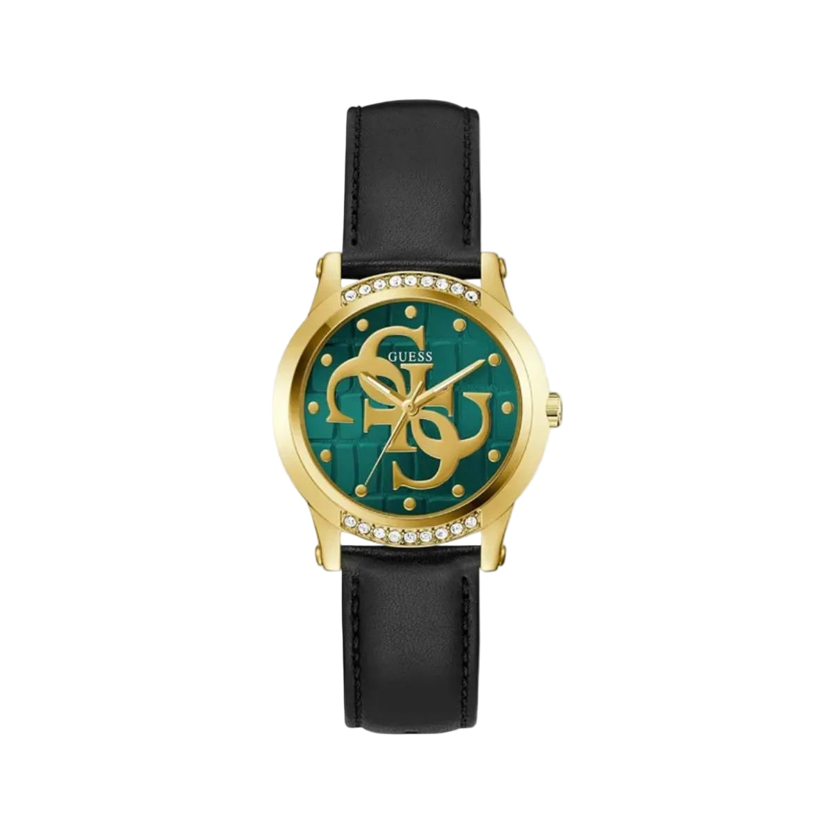Guess watch with green face, gold accents, and black strap on a light gray background