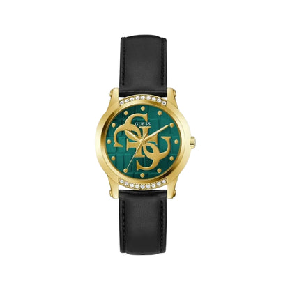 Guess watch with green face, gold accents, and black strap on a light gray background