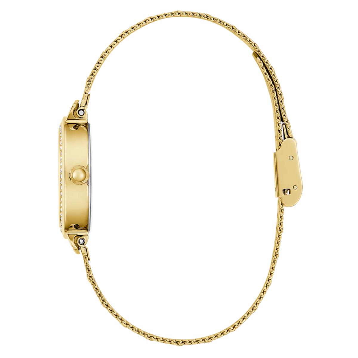 Gold watch with chain strap on a white background