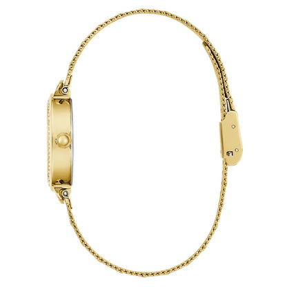 Gold watch with chain strap on a white background