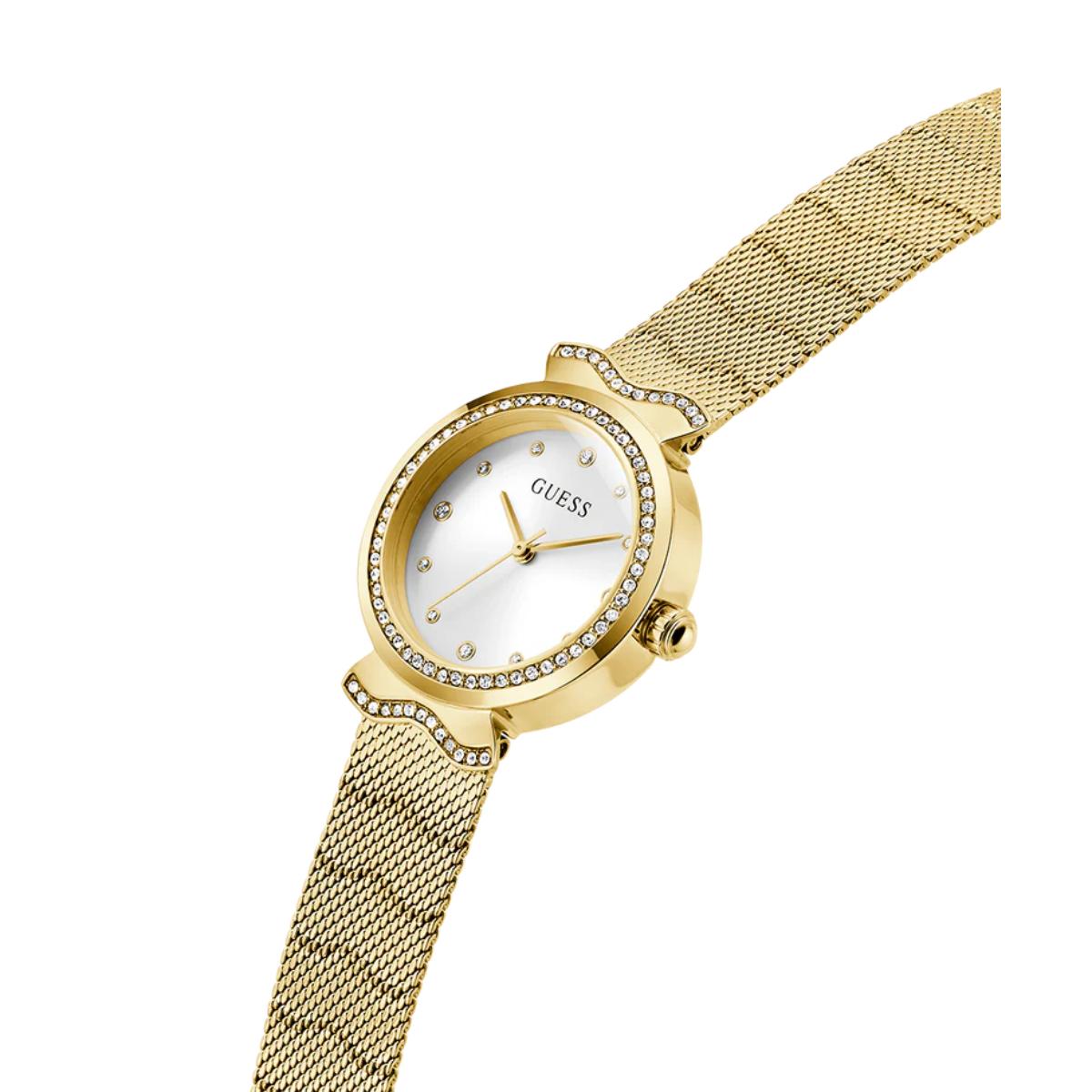 Gold watch with mesh band on a white background
