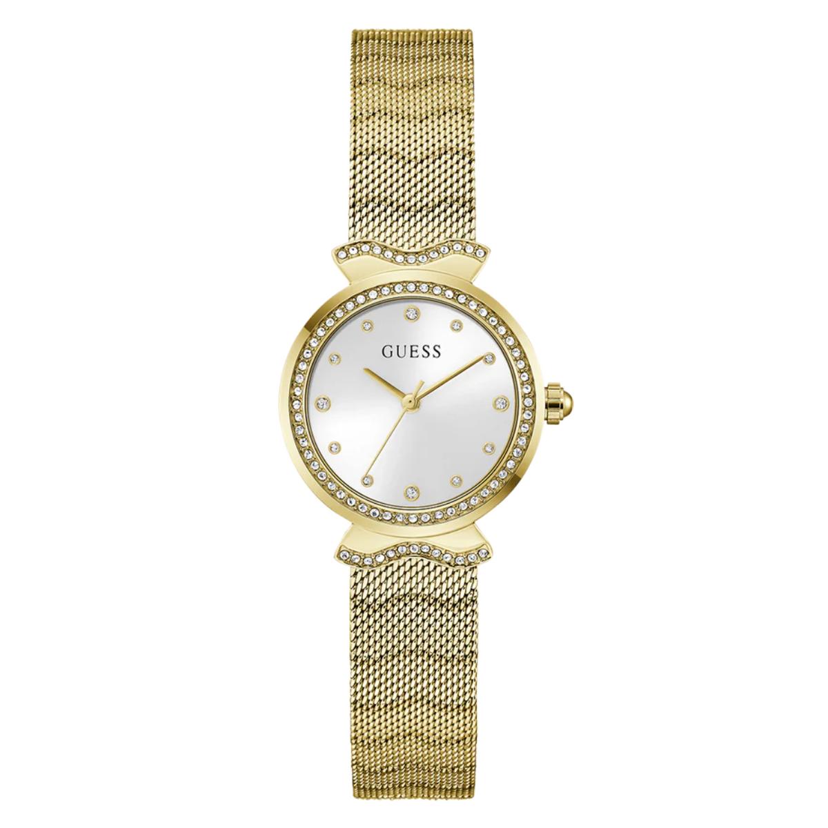 Gold watch with mesh band and white face on a white background