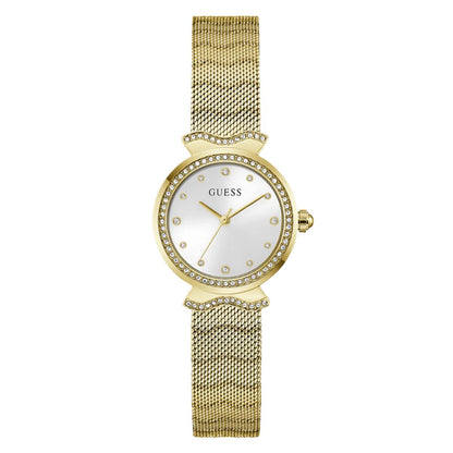 Gold watch with mesh band and white face on a white background
