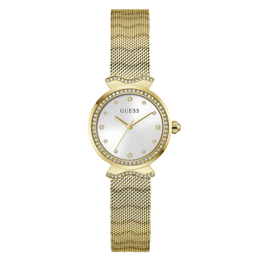Gold watch with mesh band and white face on a white background