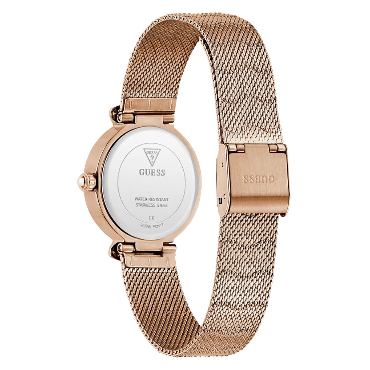 Rose gold watch with mesh band on a white background