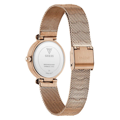 Rose gold watch with mesh band on a white background