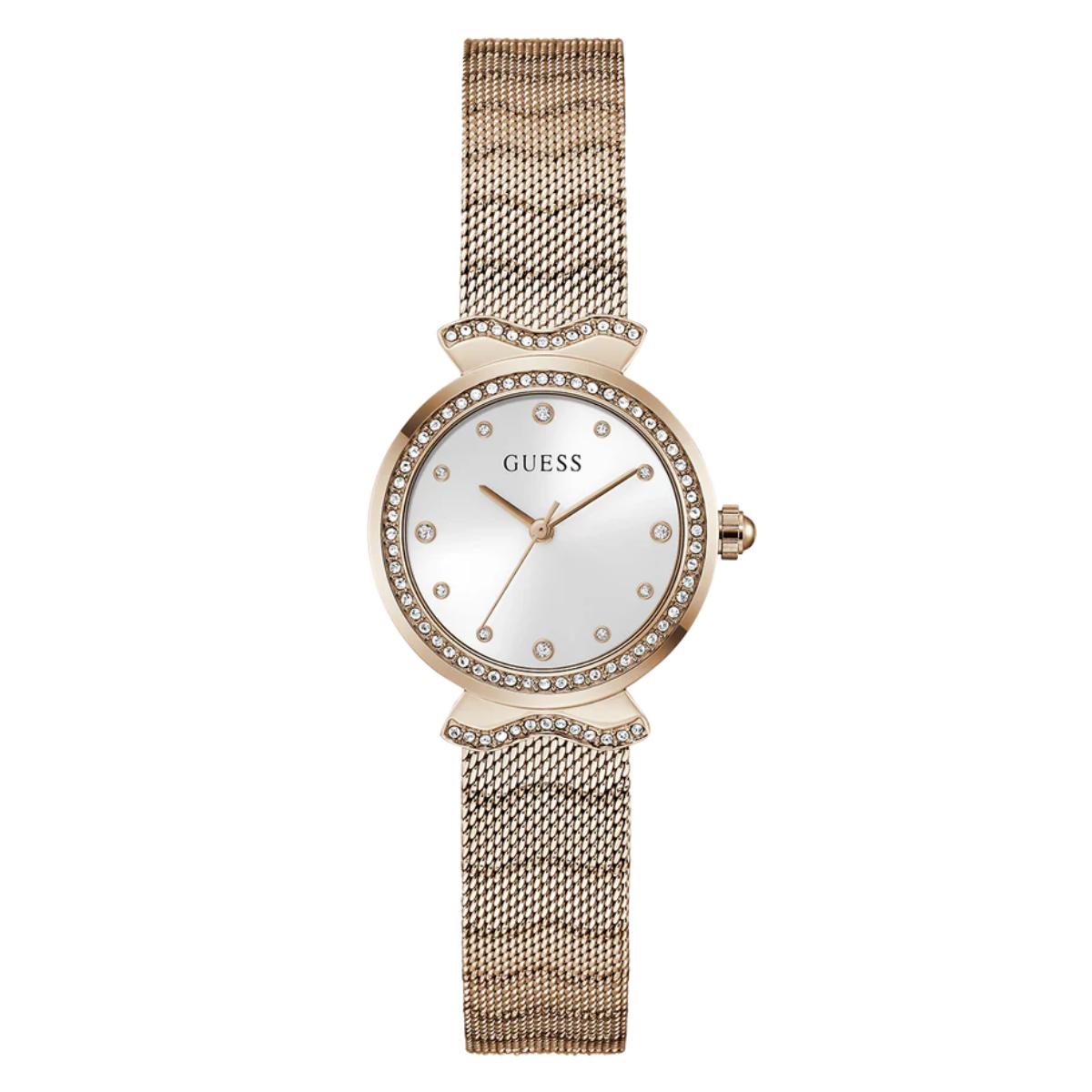 Rose gold watch with mesh band and white face on a white background