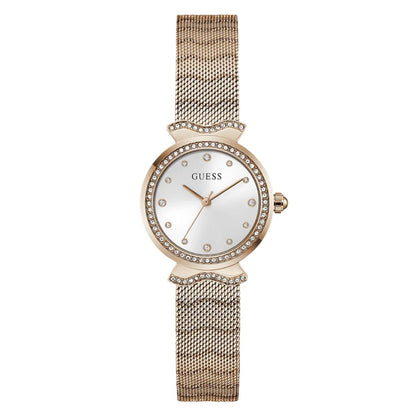 Rose gold watch with mesh band and white face on a white background