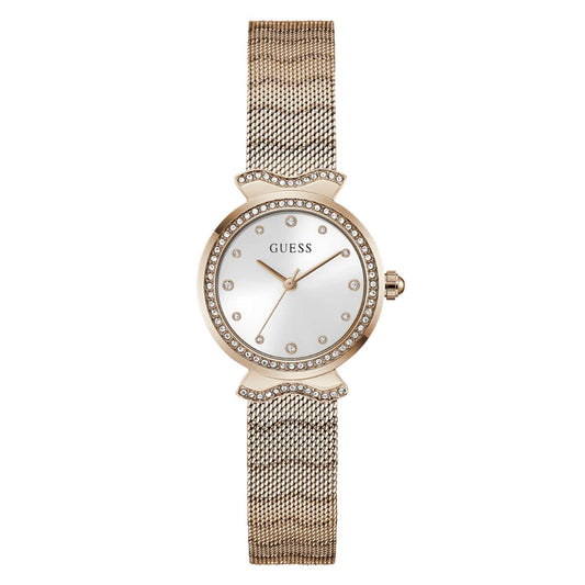 Rose gold watch with mesh band and white face on a white background