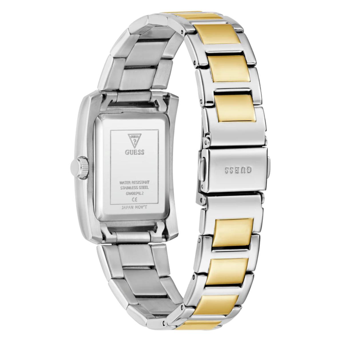 Two-tone silver and gold watch with Guess logo on a white background