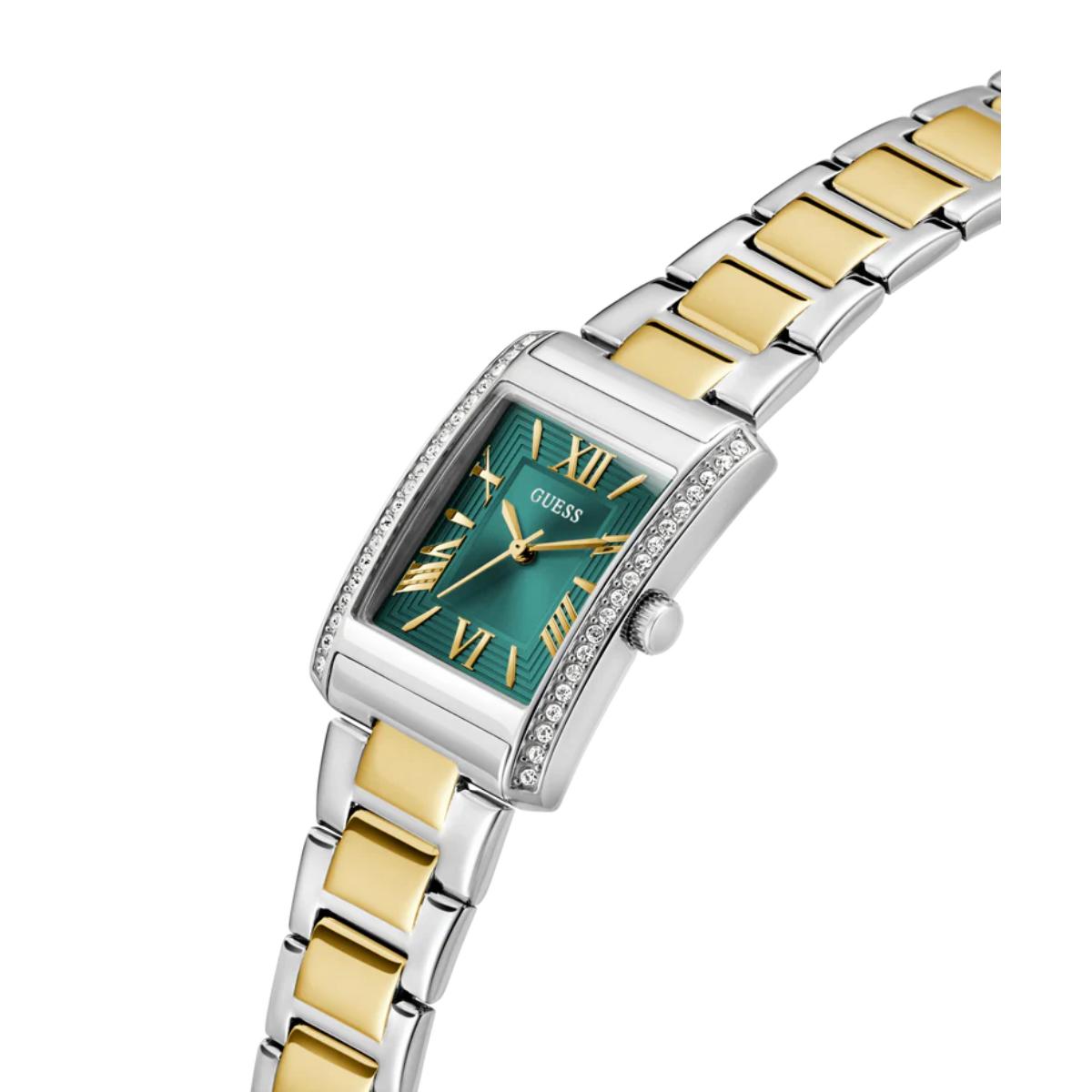 Two-tone silver and gold watch with green dial on a white background