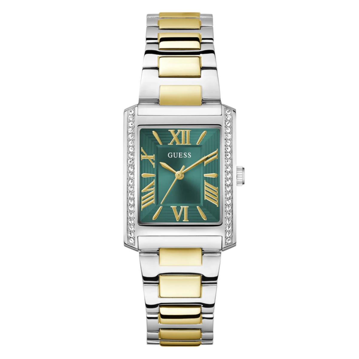 Two-tone watch with green dial and gold accents on a white background
