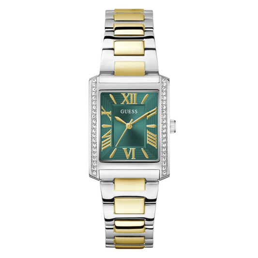 Two-tone watch with green dial and gold accents on a white background