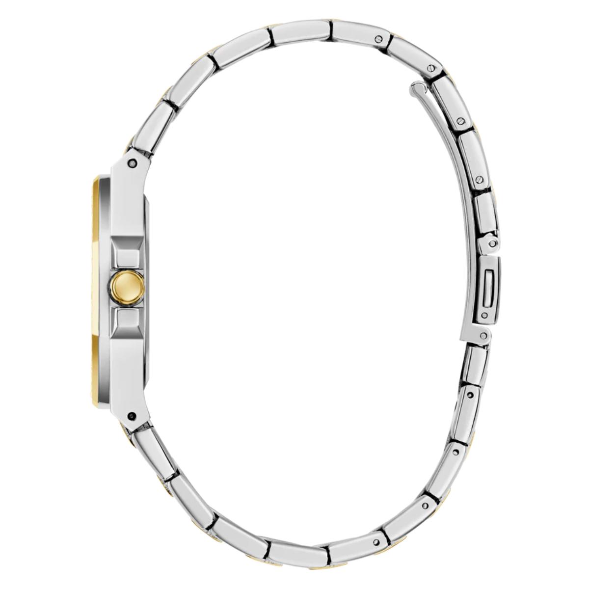 Close-up of a silver watch band with gold clasp on a white background