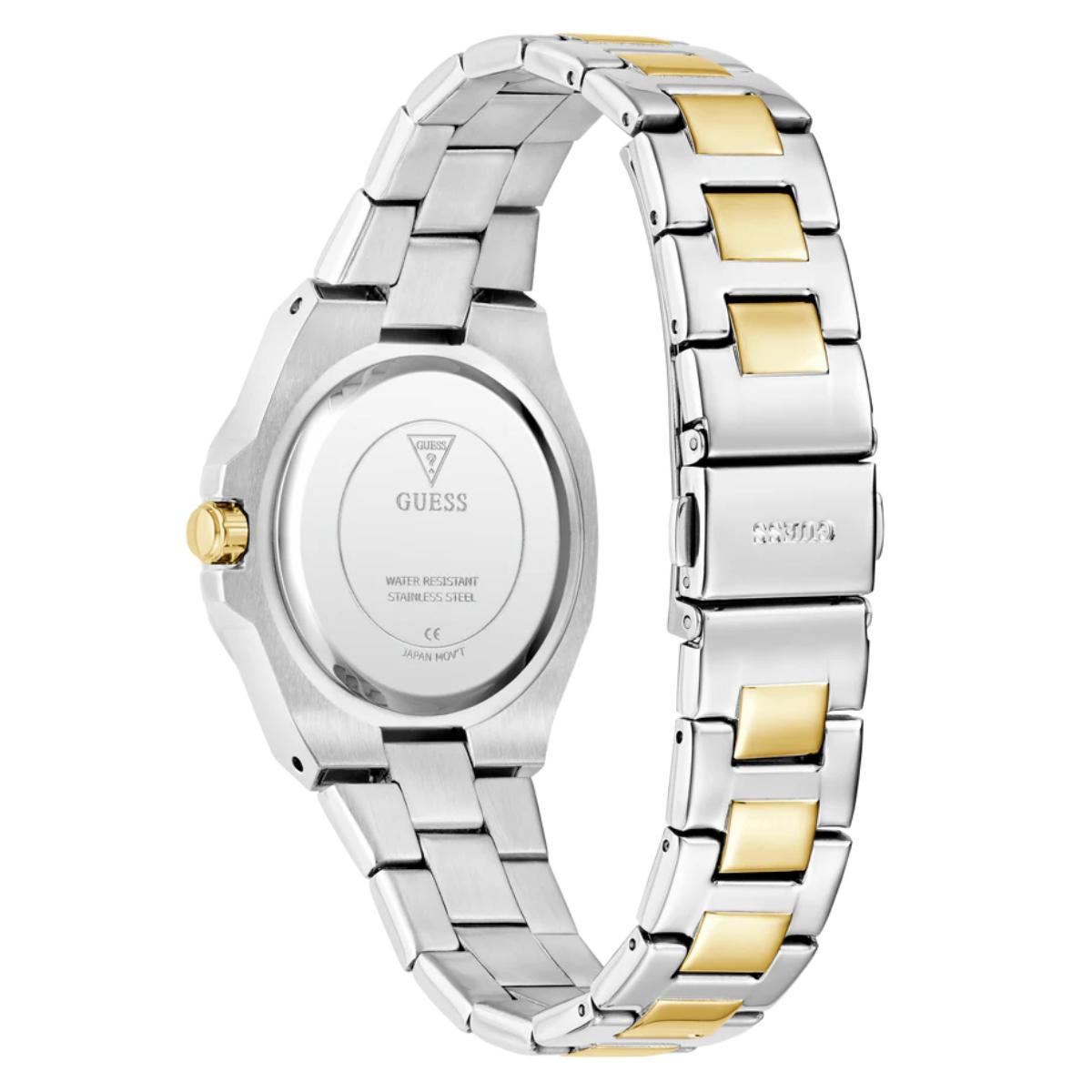 Two-tone silver and gold watch with Guess brand logo on a white background