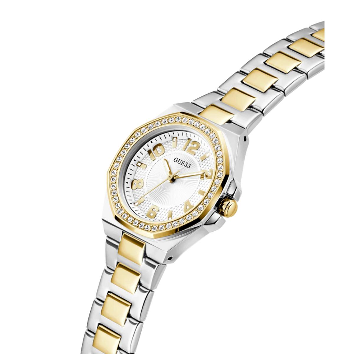 Two-tone silver and gold watch with a white face on a white background