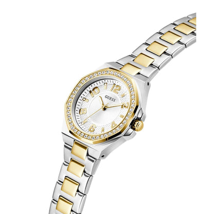 Two-tone silver and gold watch with a white face on a white background