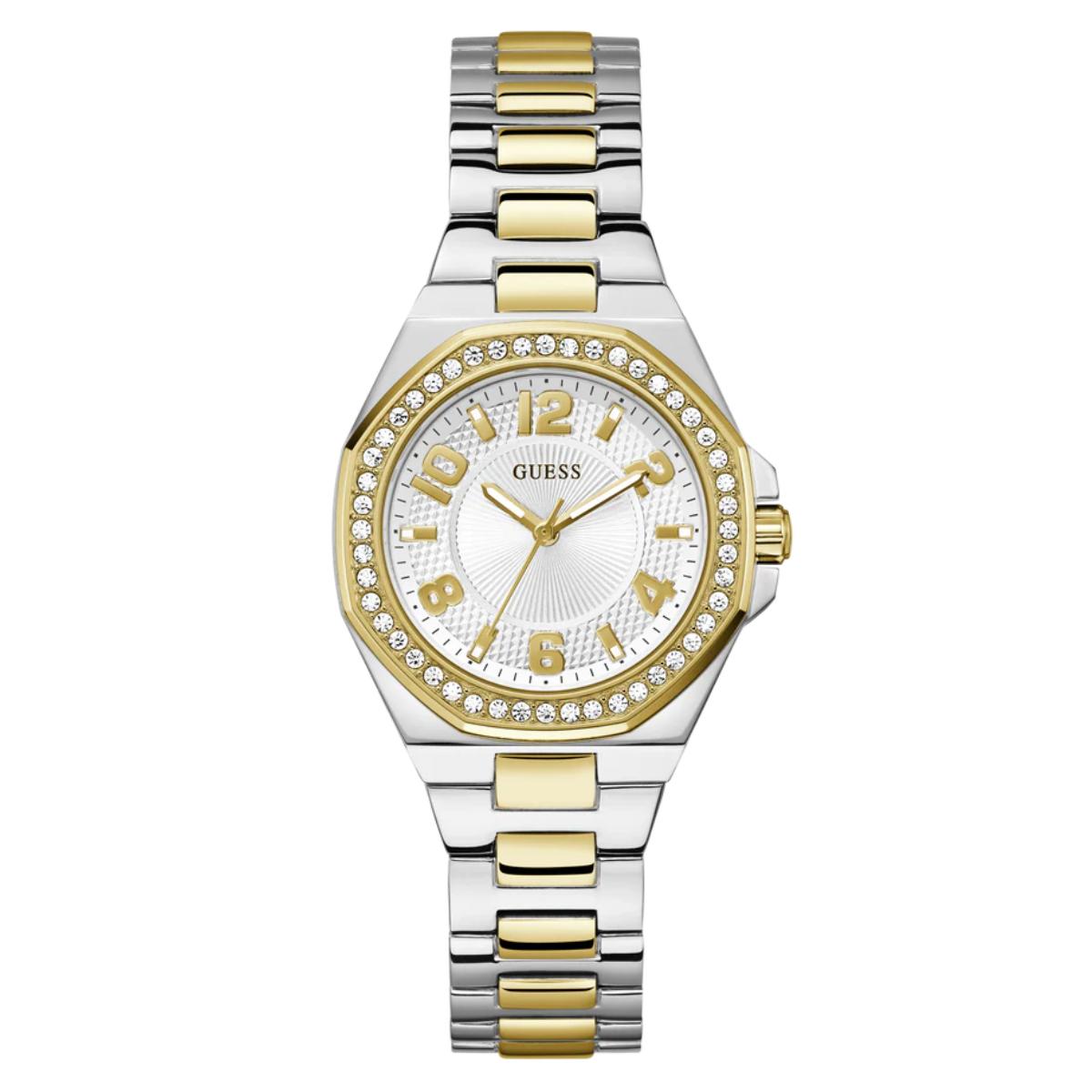 Two-tone silver and gold watch with a white face on a white background