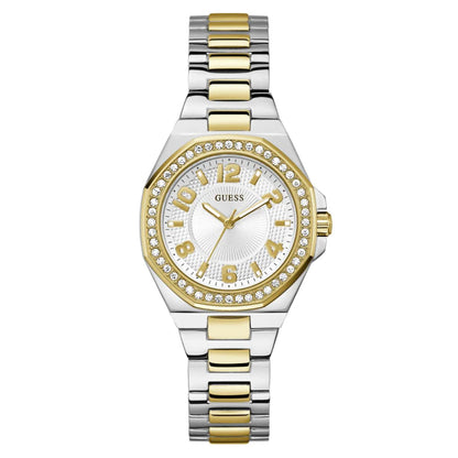Two-tone silver and gold watch with a white face on a white background