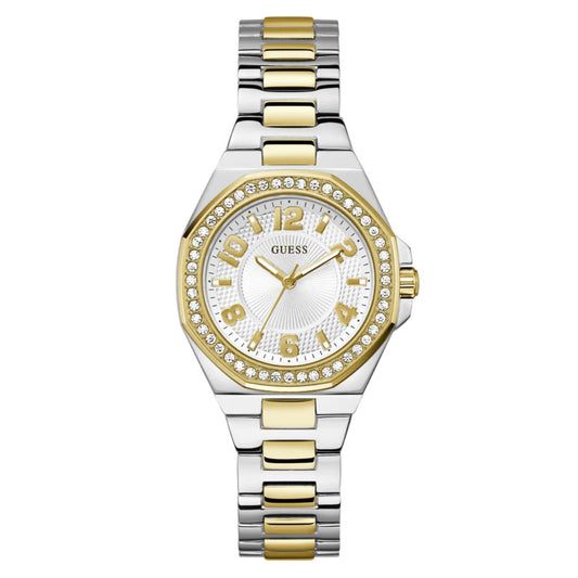 Two-tone silver and gold watch with a white face on a white background