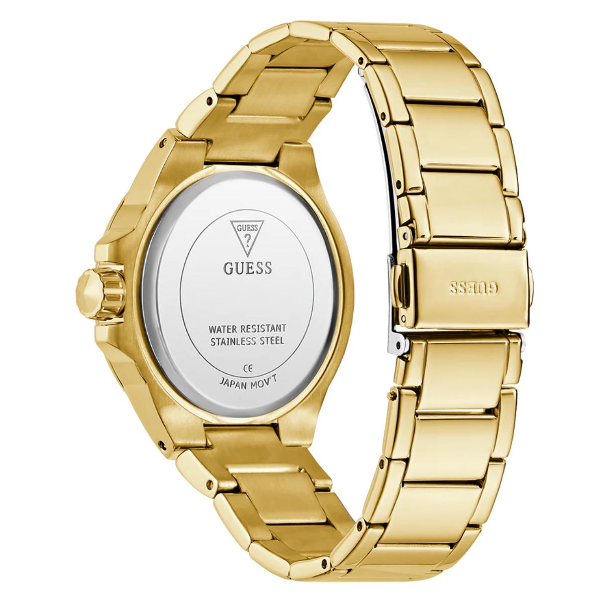 Gold watch with Guess branding on a white background