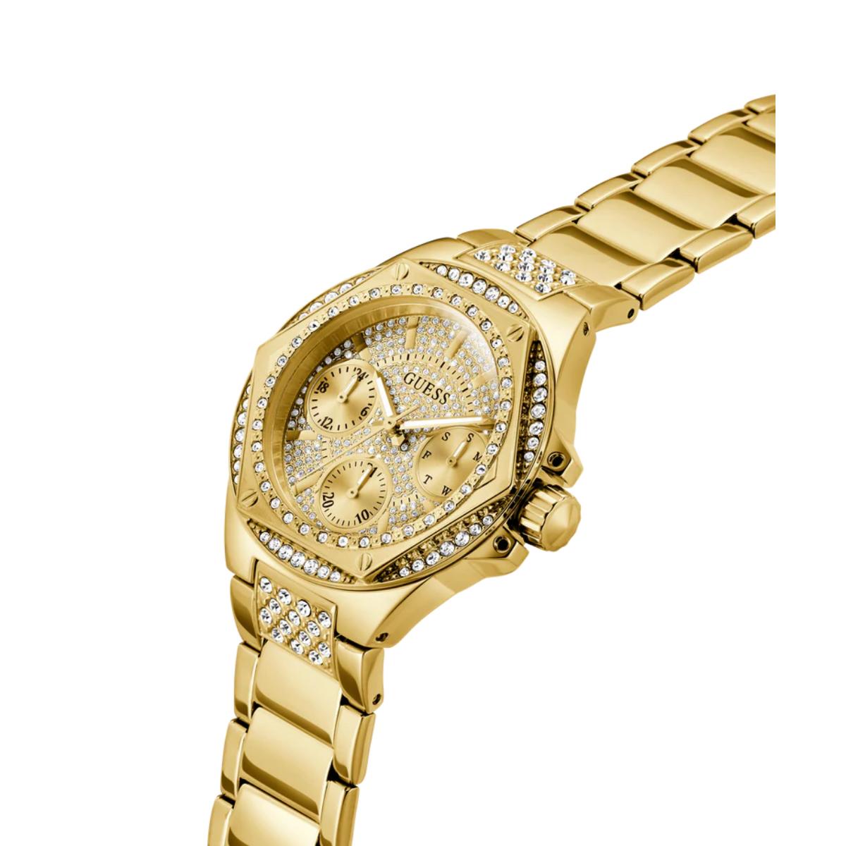 Gold watch with diamond accents on a white background