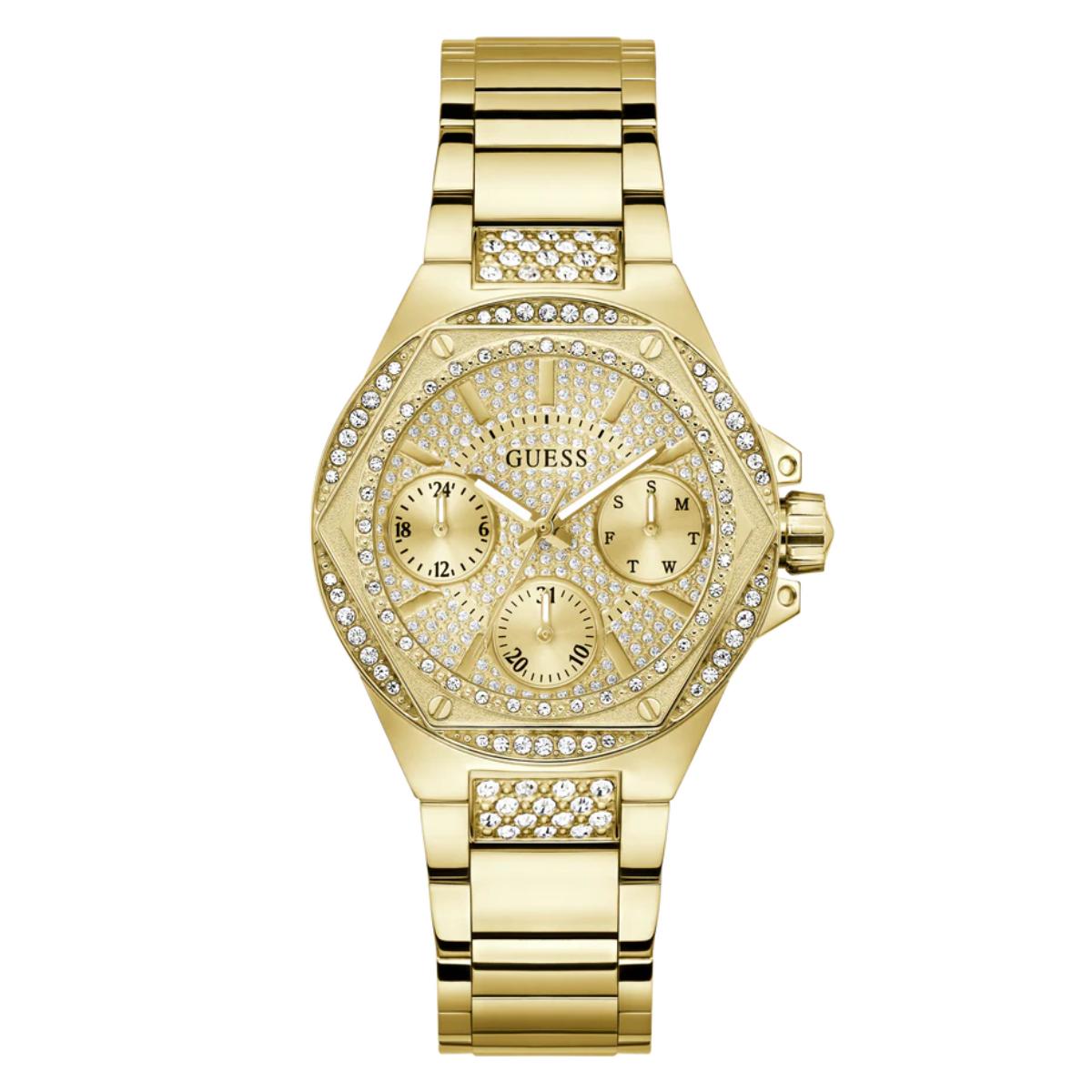 Gold watch with gemstone accents on a white background