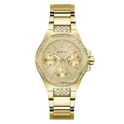 Gold watch with gemstone accents on a white background