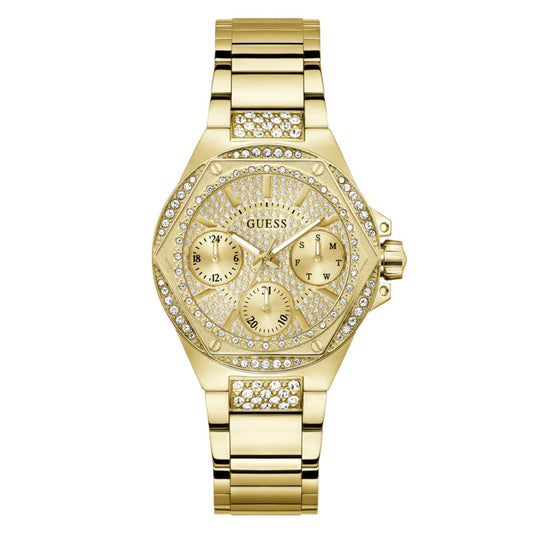 Gold watch with gemstone accents on a white background