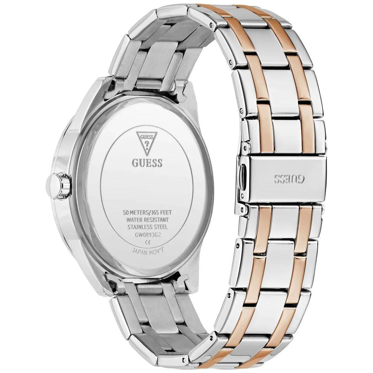 Two-tone silver and rose gold watch with visible brand logo on a white background